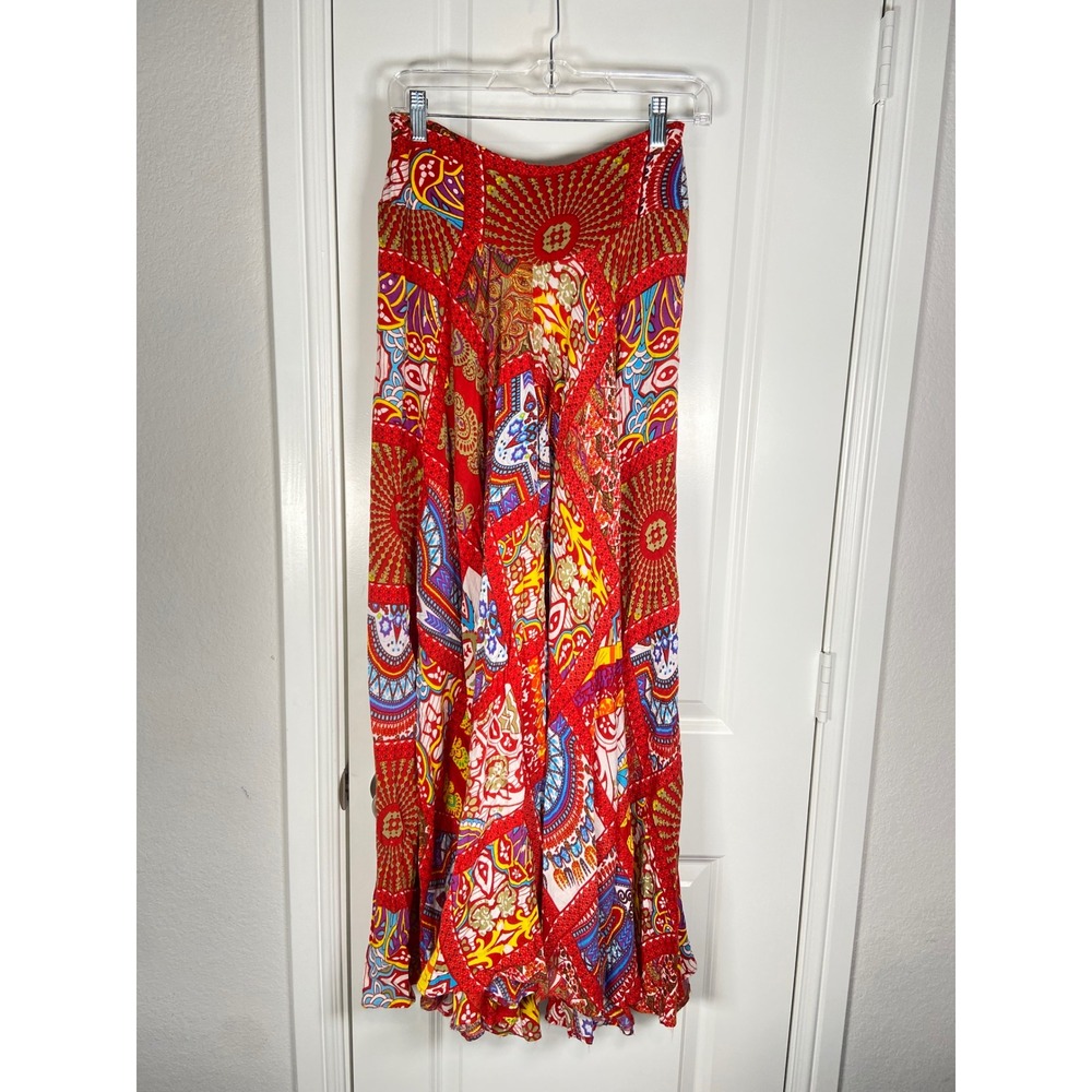Earthbound Trading Co. Red Colorful Print Maxi Skirt Bohemian Festival Womens